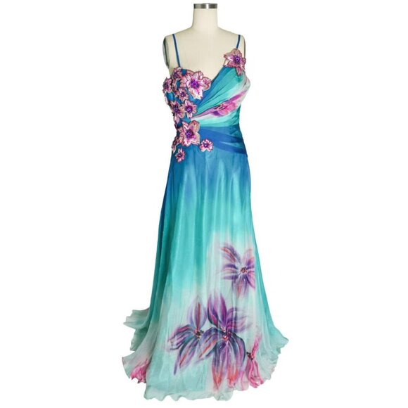 Vtg Asymmetric Floral Print Embroidered Appliqué Gradient Silk Gown Dress - Picture 1 of 5